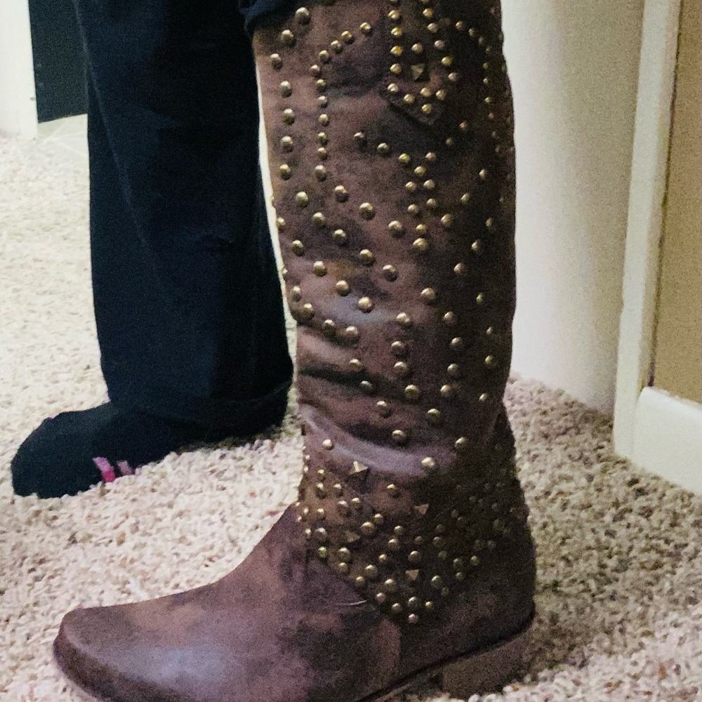 Studded Brown Knee-High Women's Boots